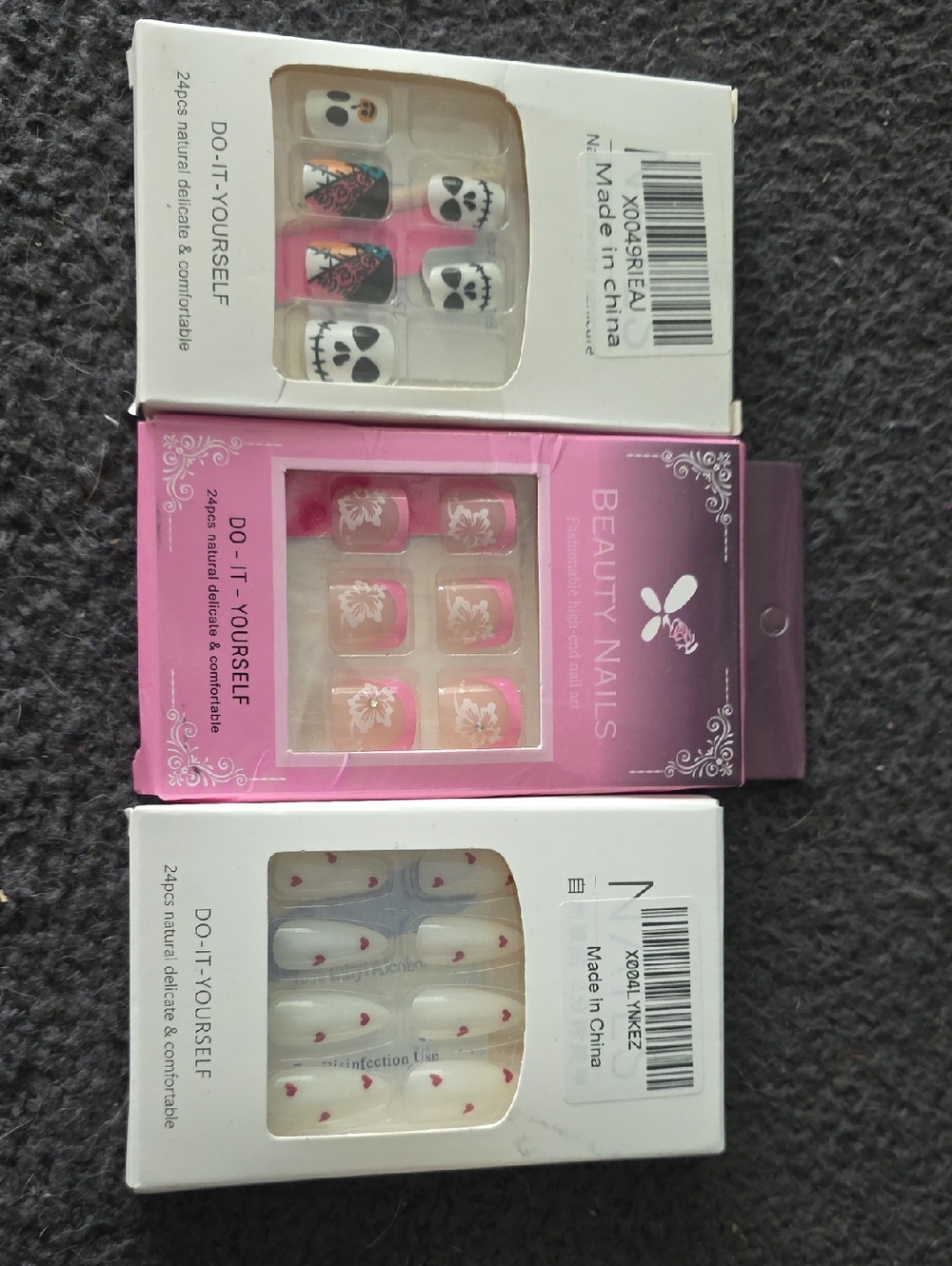 Pack of 3 Press-On Nail Sets - Pink Floral, Skull Accent & White Heart Tips